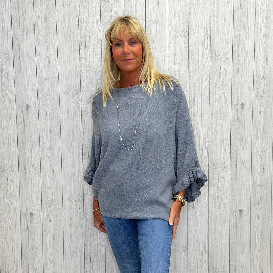 Pheobe Batwing Frill Sleeve Jumper Grey - Sugarplum Boutique