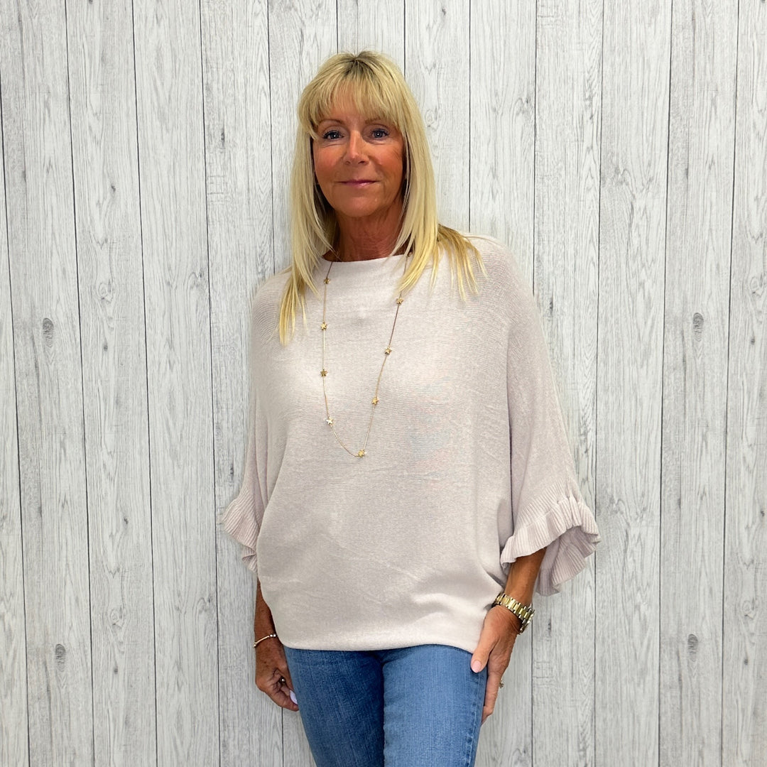 Pheobe Batwing Frill Sleeve Jumper Stone - Sugarplum Boutique