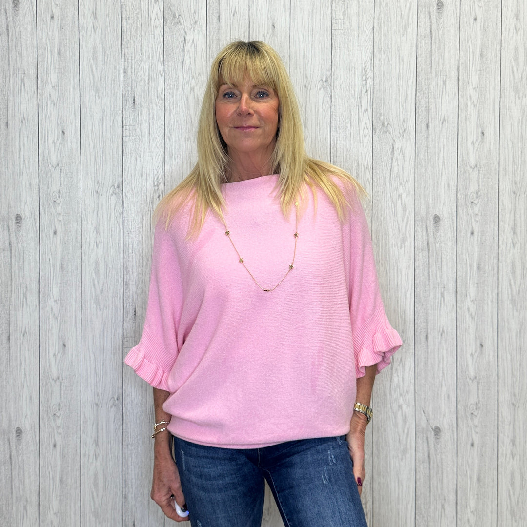 Pheobe Light Pink Batwing Frill Sleeve Jumper - Sugarplum Boutique