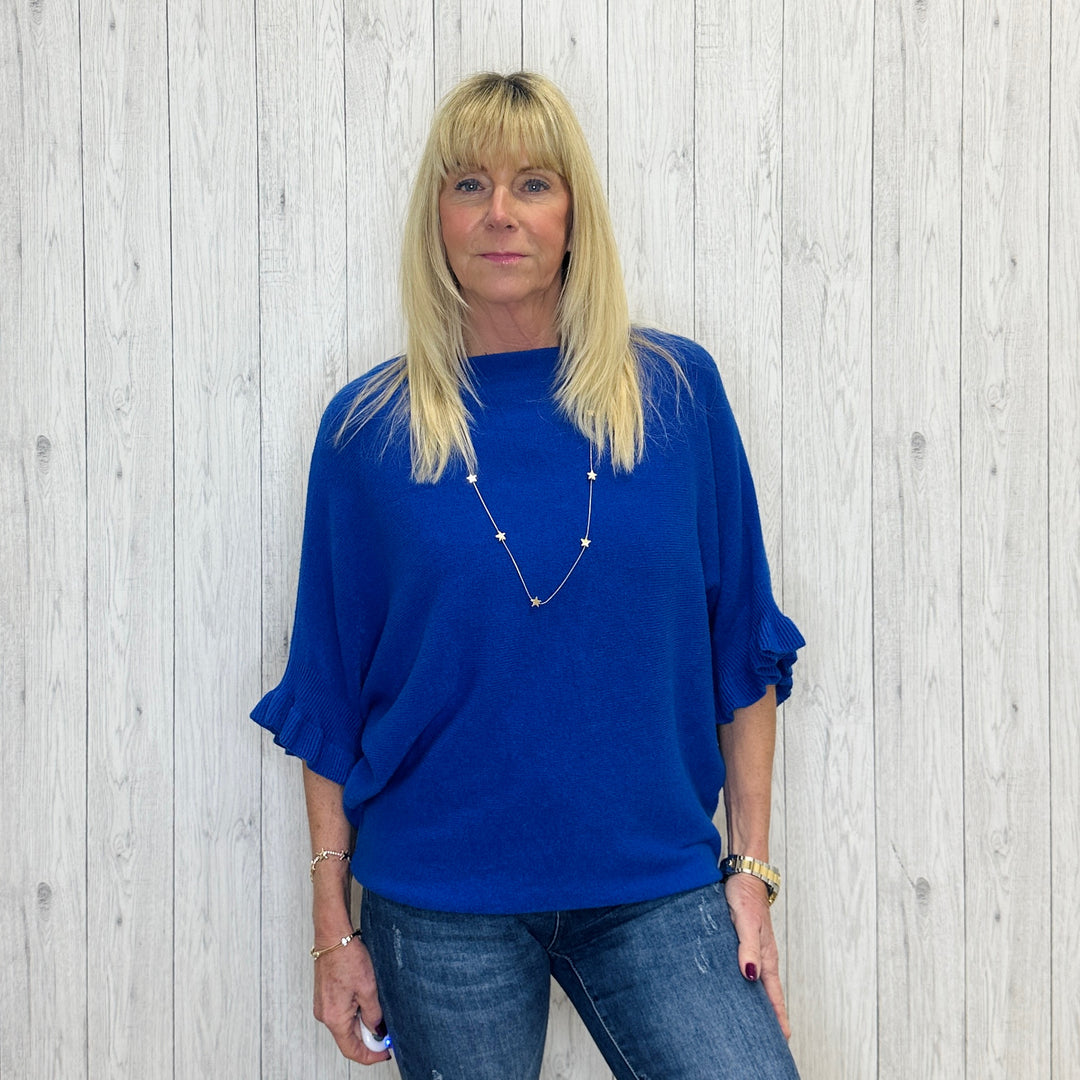 Pheobe Royal Blue Batwing Frill Sleeve Jumper - Sugarplum Boutique