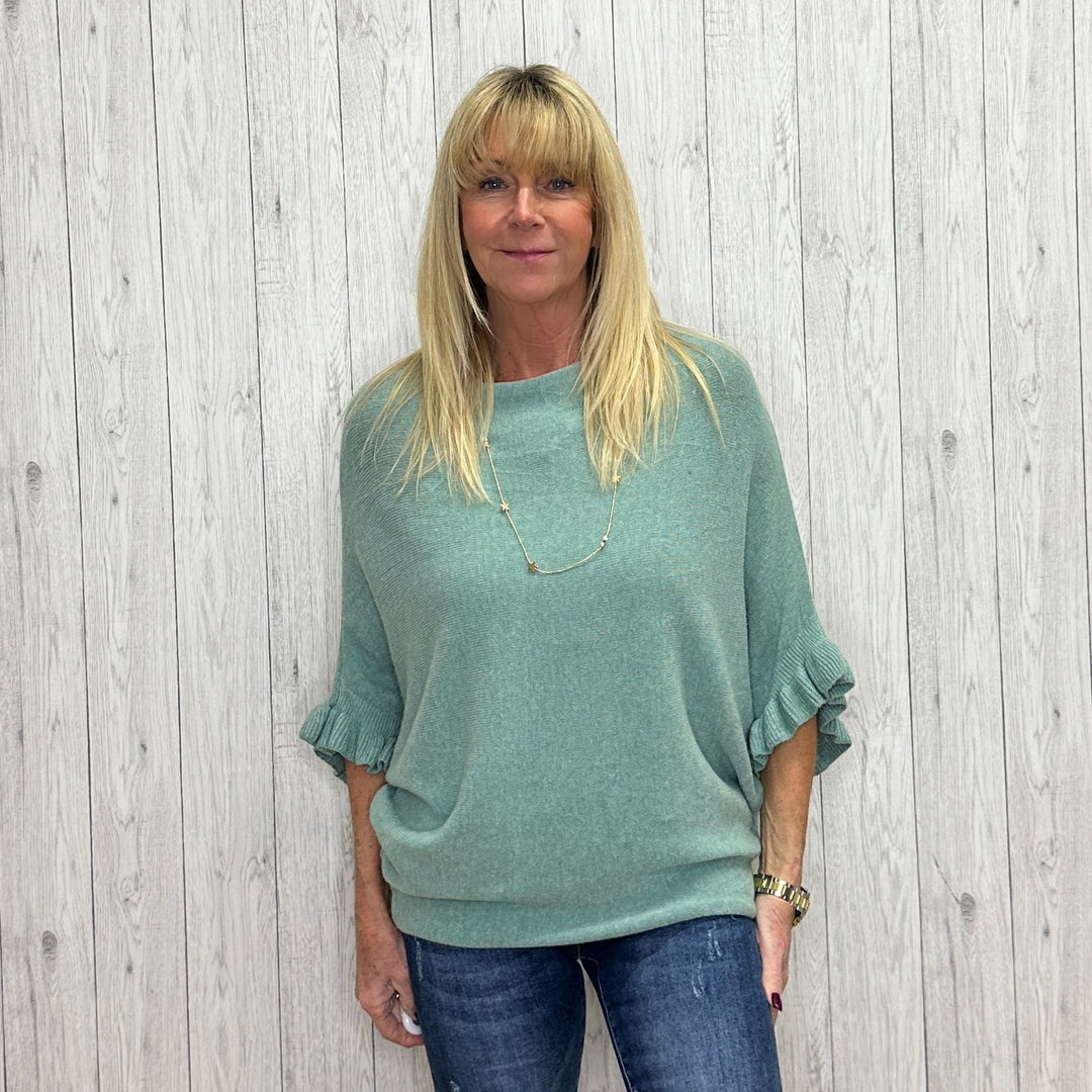 Pheobe Sage Green Batwing Frill Sleeve Jumper - Sugarplum Boutique