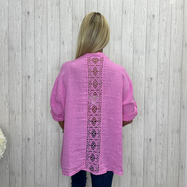 Philippa Crochet Back Linen Shirt Bubblegum Pink - Sugarplum Boutique