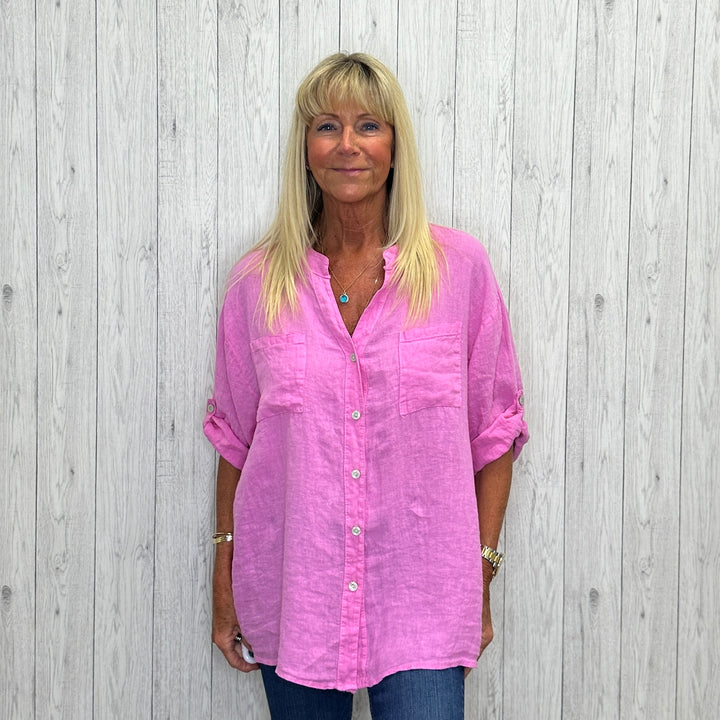 Philippa Crochet Back Linen Shirt Bubblegum Pink - Sugarplum Boutique