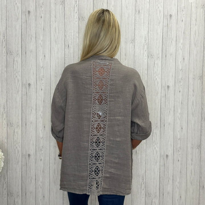 Philippa Crochet Back Linen Shirt Mocha Brown - Sugarplum Boutique