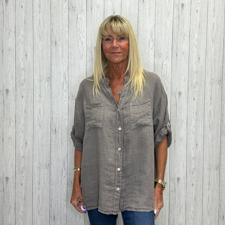 Philippa Crochet Back Linen Shirt Mocha Brown - Sugarplum Boutique