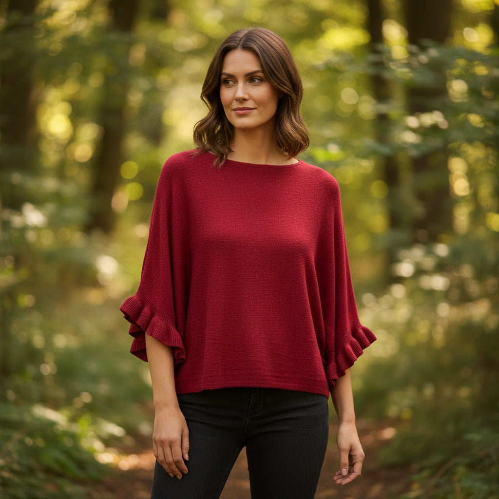 Phoebe Batwing Burgundy Frill Sleeve Jumper - Sugarplum Boutique