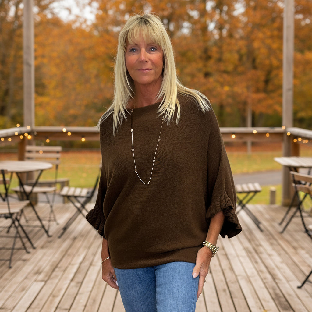 Phoebe Batwing Chocolate Brown Frill Sleeve Jumper - Sugarplum Boutique
