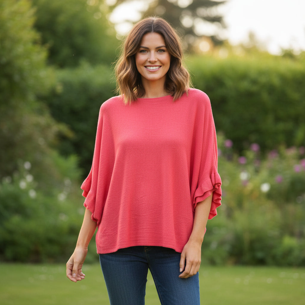 Phoebe Batwing Coral Frill Sleeve Jumper -  Sugarplum Boutique