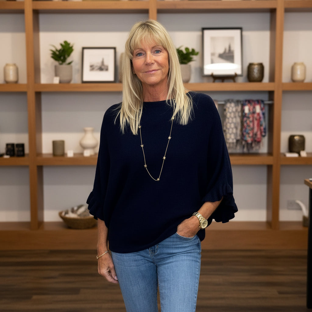 Phoebe Batwing Navy Blue Frill Sleeve Jumper - Sugarplum Boutique 