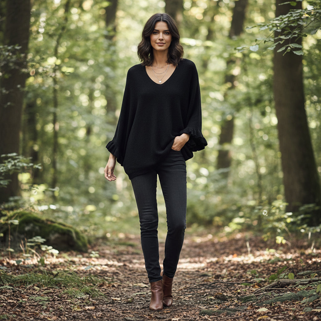 Phoebe V Neck Black Batwing Sleeve Jumper - Sugarplum Boutique