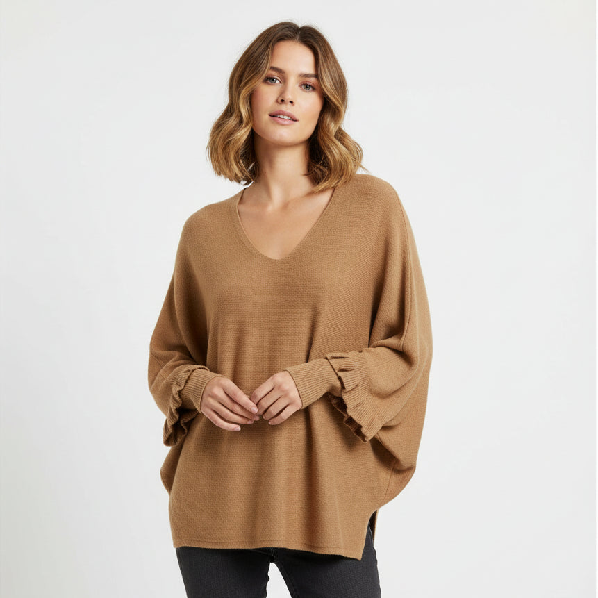 Phoebe V Neck Camel Brown Batwing Sleeve Jumper - Sugarplum Boutique