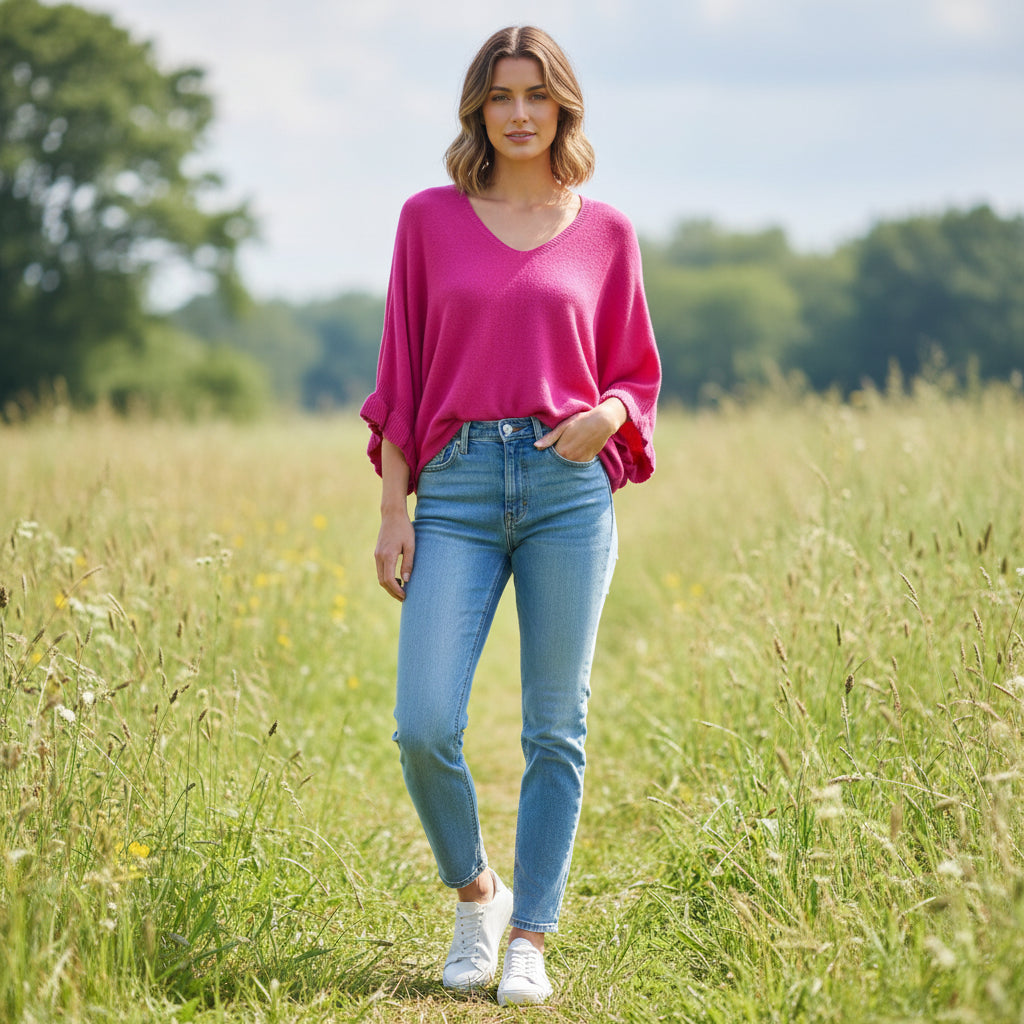 Phoebe V Neck Cerise Pink Batwing Sleeve Jumper - Sugarplum Boutique