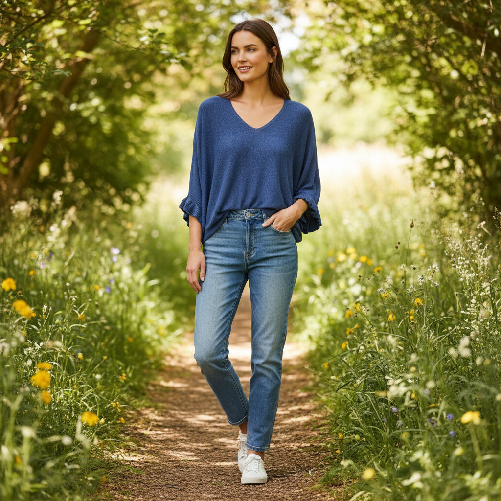 Phoebe V Neck Denim Blue Batwing Sleeve Jumper - Sugarplum Boutique