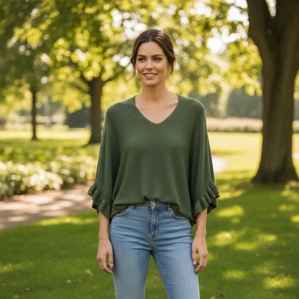 Phoebe V Neck Khaki Green Batwing Sleeve Jumper - Sugarplum Boutique