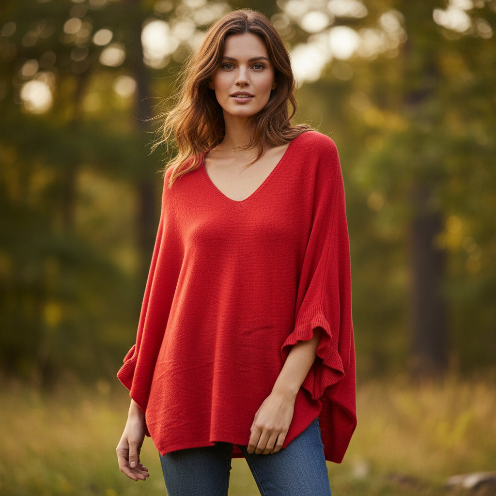 Phoebe V Neck Red Batwing Sleeve Jumper - Sugarplum Boutique