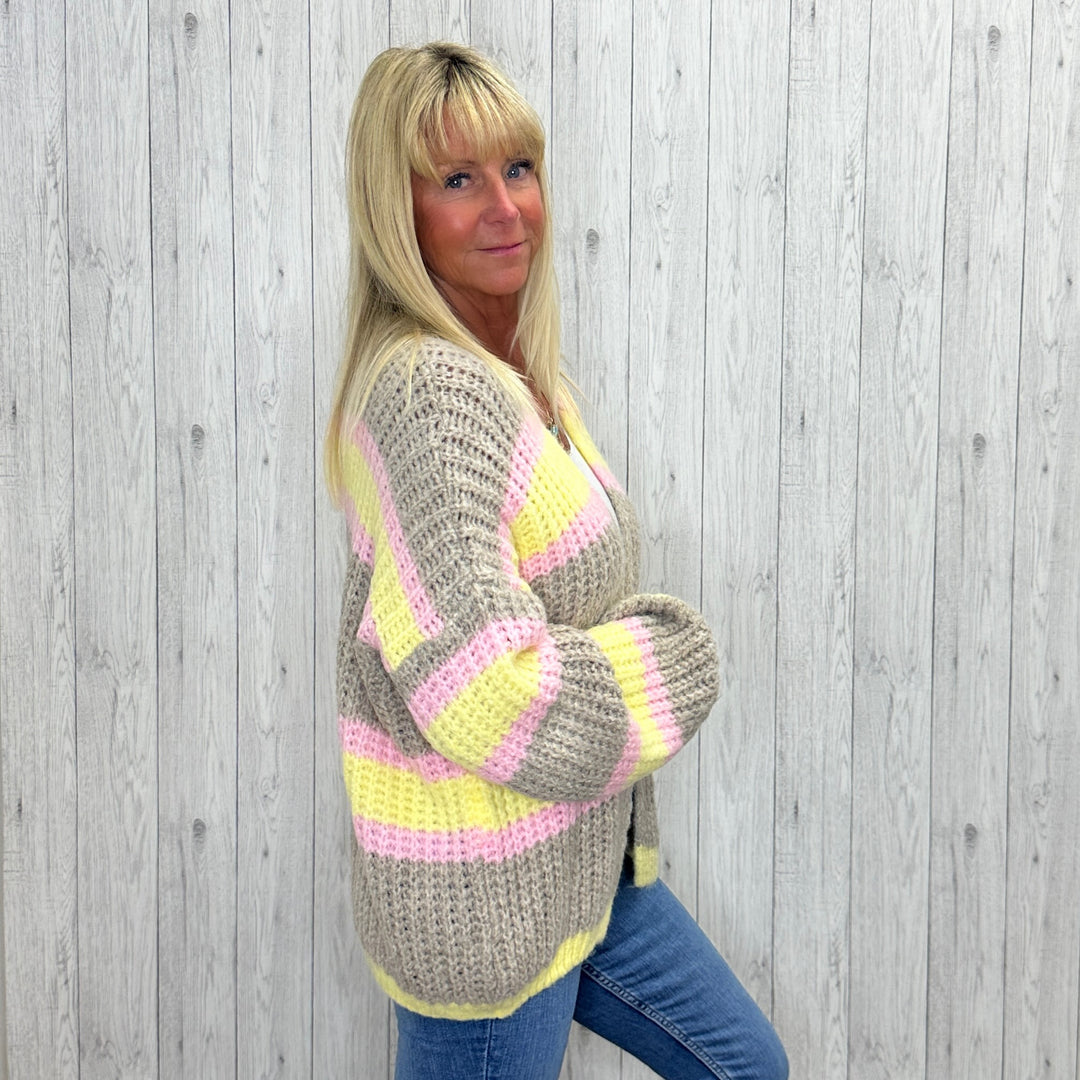 Pisa Wool Mix Edge To Edge Striped Cardigan Mocha Brown - Sugarplum Boutique