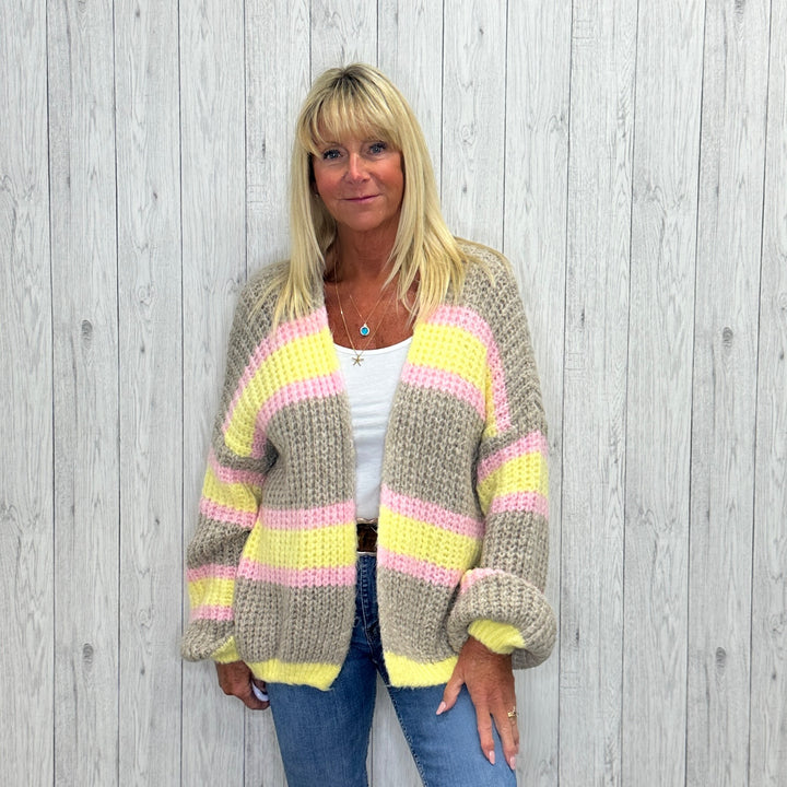 Pisa Wool Mix Edge To Edge Striped Cardigan Mocha Brown - Sugarplum Boutique