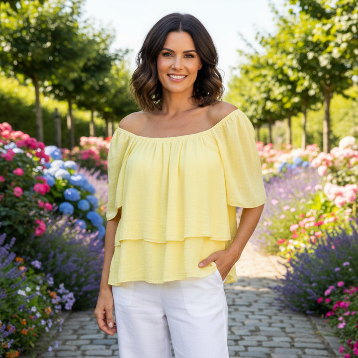 Pixie Linen Cotton Mix Lemon Yellow Bardot Top - Sugarplum Boutique
