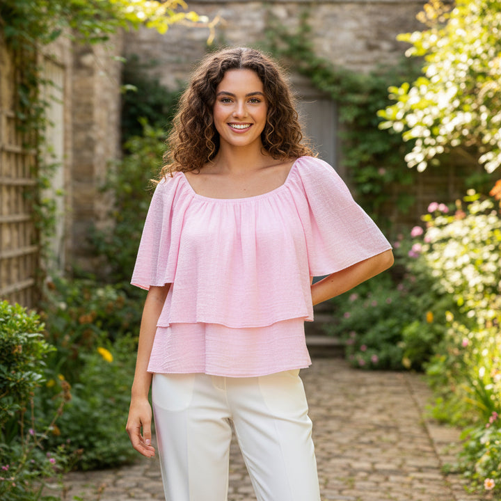 Pixie Linen Cotton Mix Light Pink Bardot Top - Sugarplum Boutique
