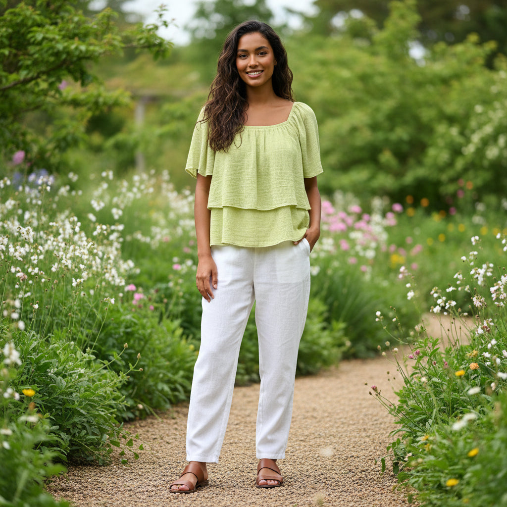 Pixie Linen Cotton Mix Lime Green Tier Bardot Top - Sugarplum Boutique