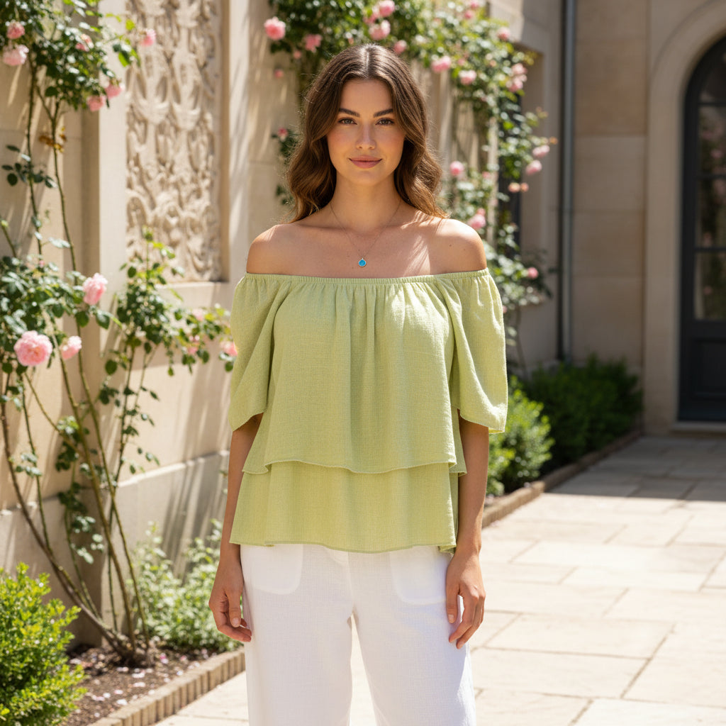 Pixie Linen Cotton Mix Lime Green Tier Bardot Top - Sugarplum Boutique