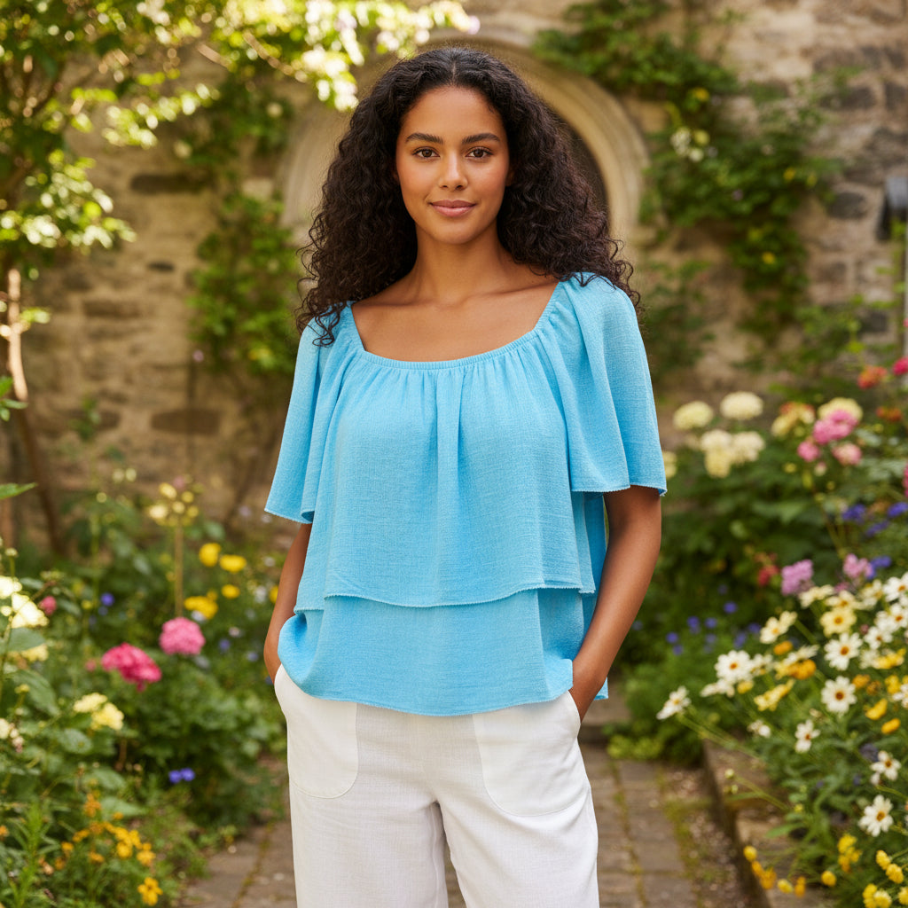Pixie Linen Cotton Mix Turquoise Blue Bardot Top - Sugarplum Boutique