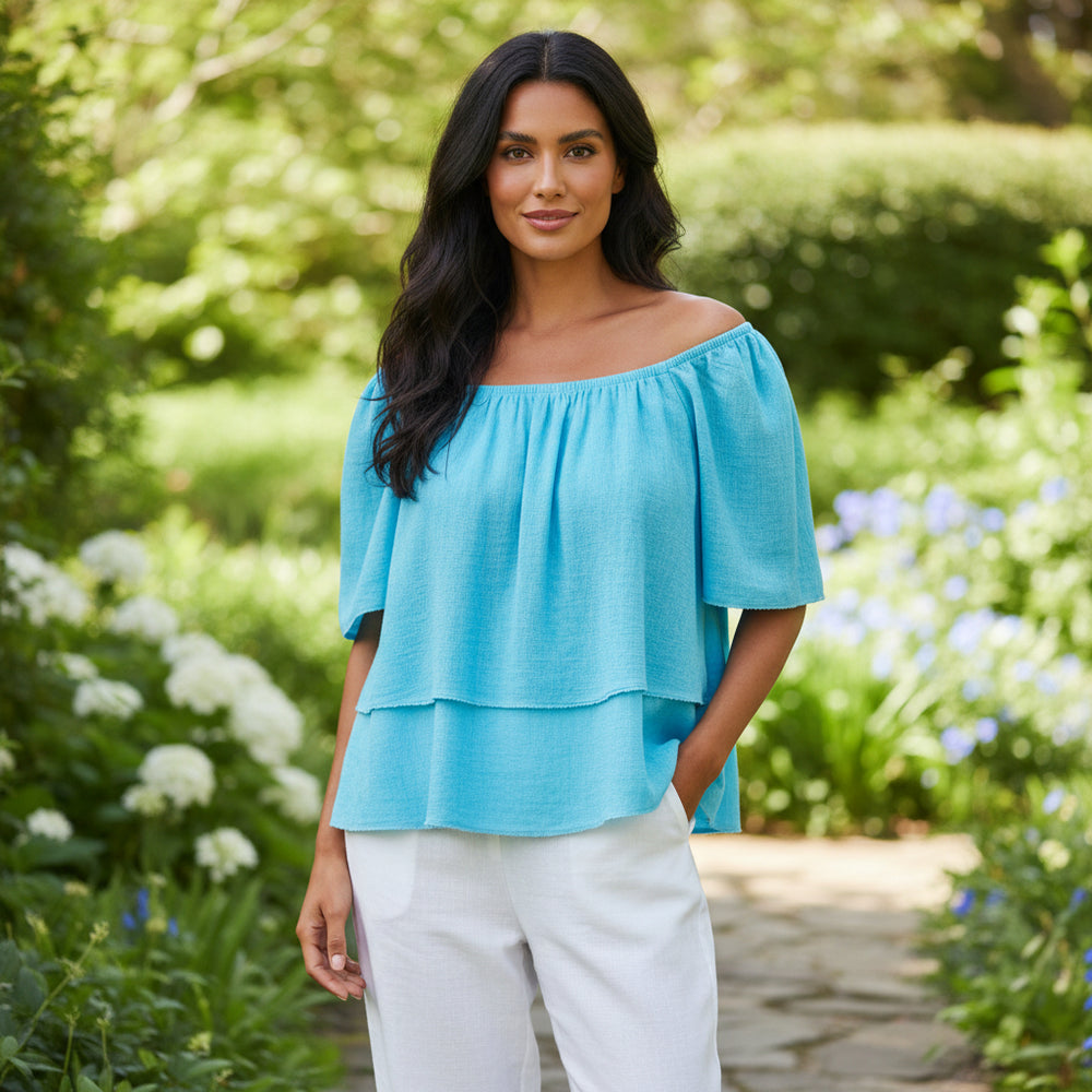 Pixie Linen Cotton Mix Turquoise Blue Bardot Top - Sugarplum Boutique
