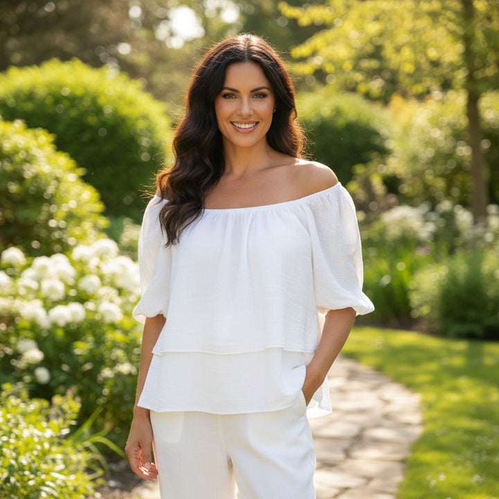 Pixie Linen Cotton Mix White Bardot Top - Sugarplum Boutique