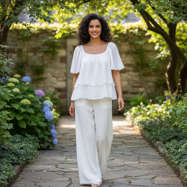 Pixie Linen Cotton Mix White Bardot Top - Sugarplum Boutique