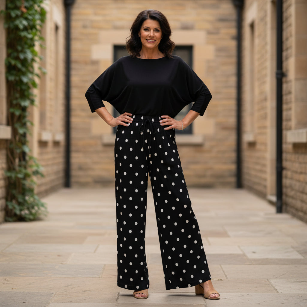 Polka Dot Black Pleated Wide Leg Trousers - Sugarplum Boutique