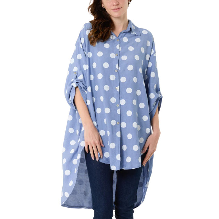 Polka Dot Oversize High Low Full Button Shirt Denim Blue - Sugarplum Boutique