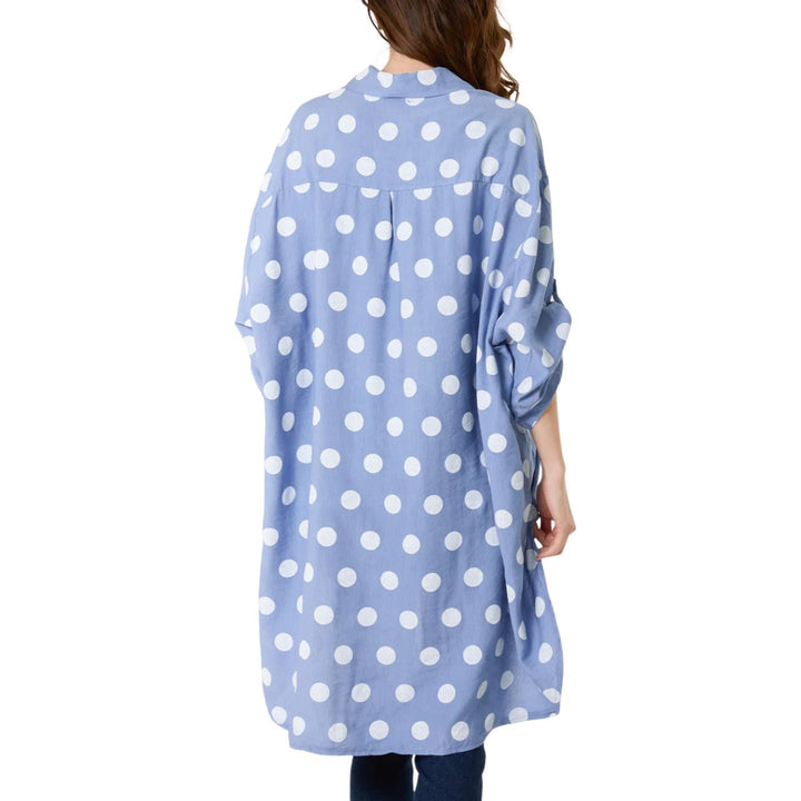 Polka Dot Oversize High Low Full Button Shirt Denim Blue - Sugarplum Boutique