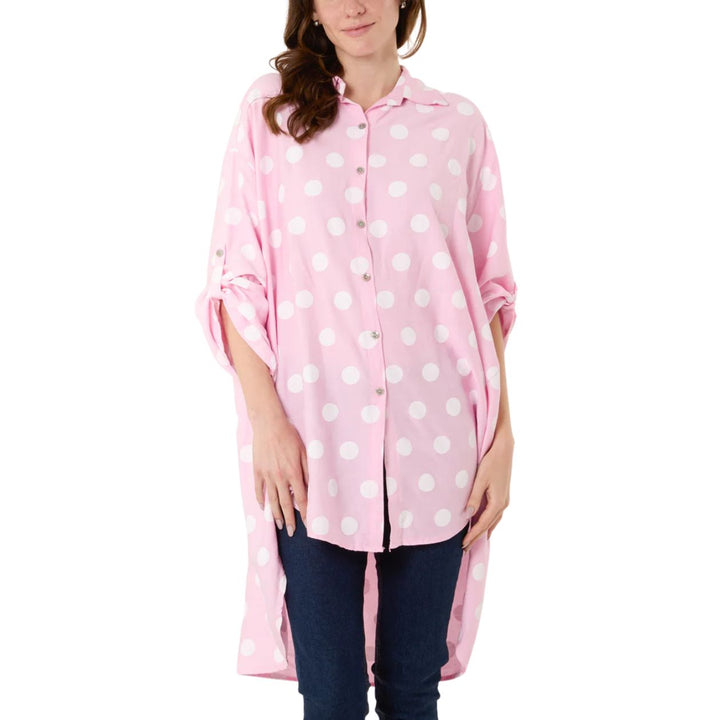 Polka Dot Oversize High Low Full Button Shirt Pink - Sugarplum Boutique