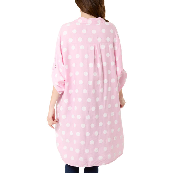 Polka Dot Oversize High Low Full Button Shirt Pink - Sugarplum Boutique