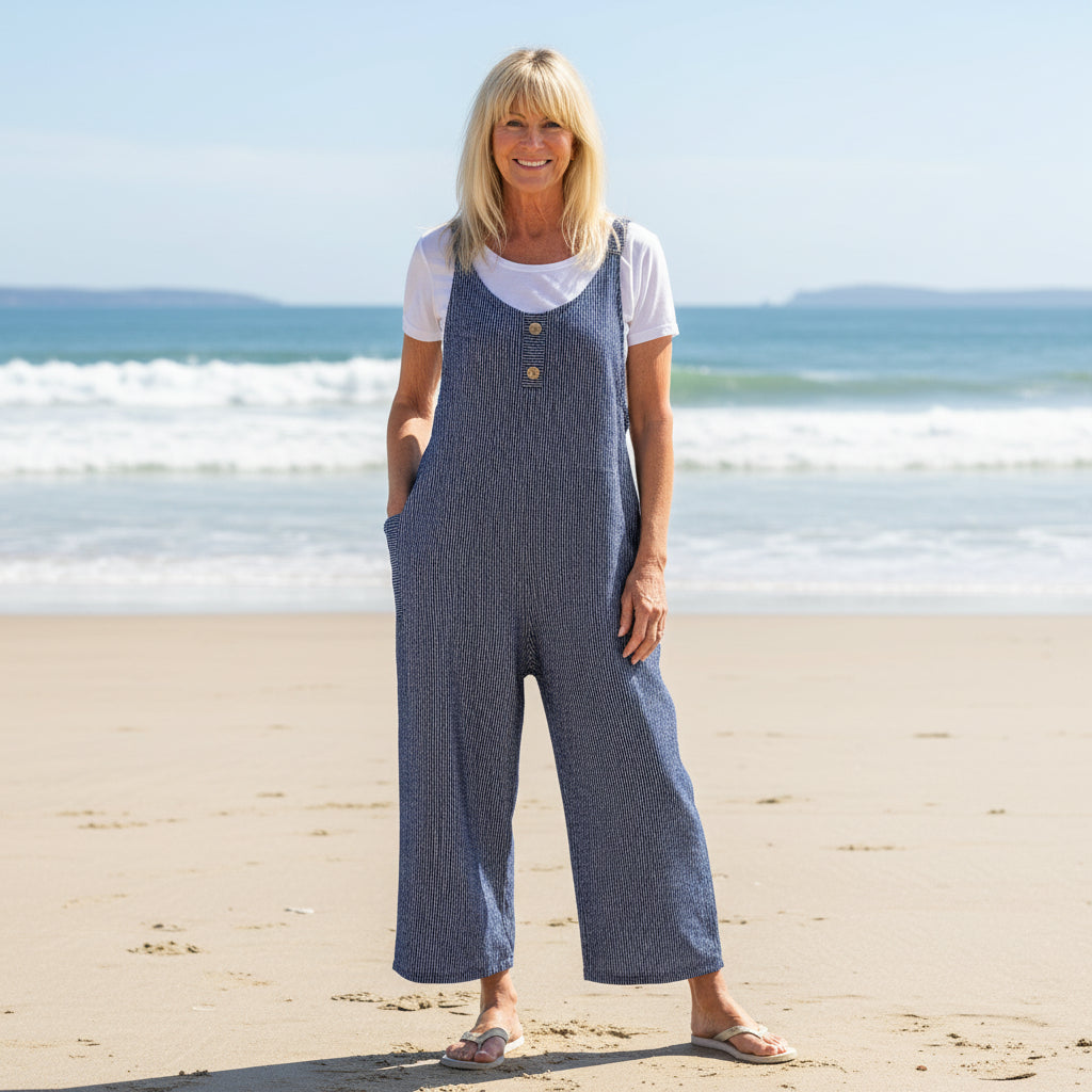 Polly Pinstripe Navy Blue Cropped Wide Leg Dungarees - Sugarplum Boutique