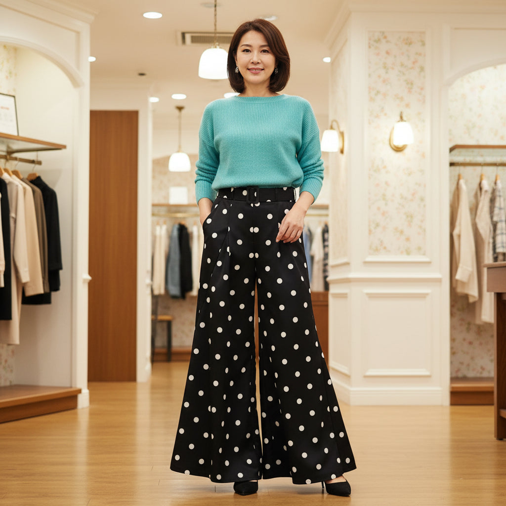 Polly Polka Dot Black Wide Flared Leg Trousers - Sugarplum Boutique