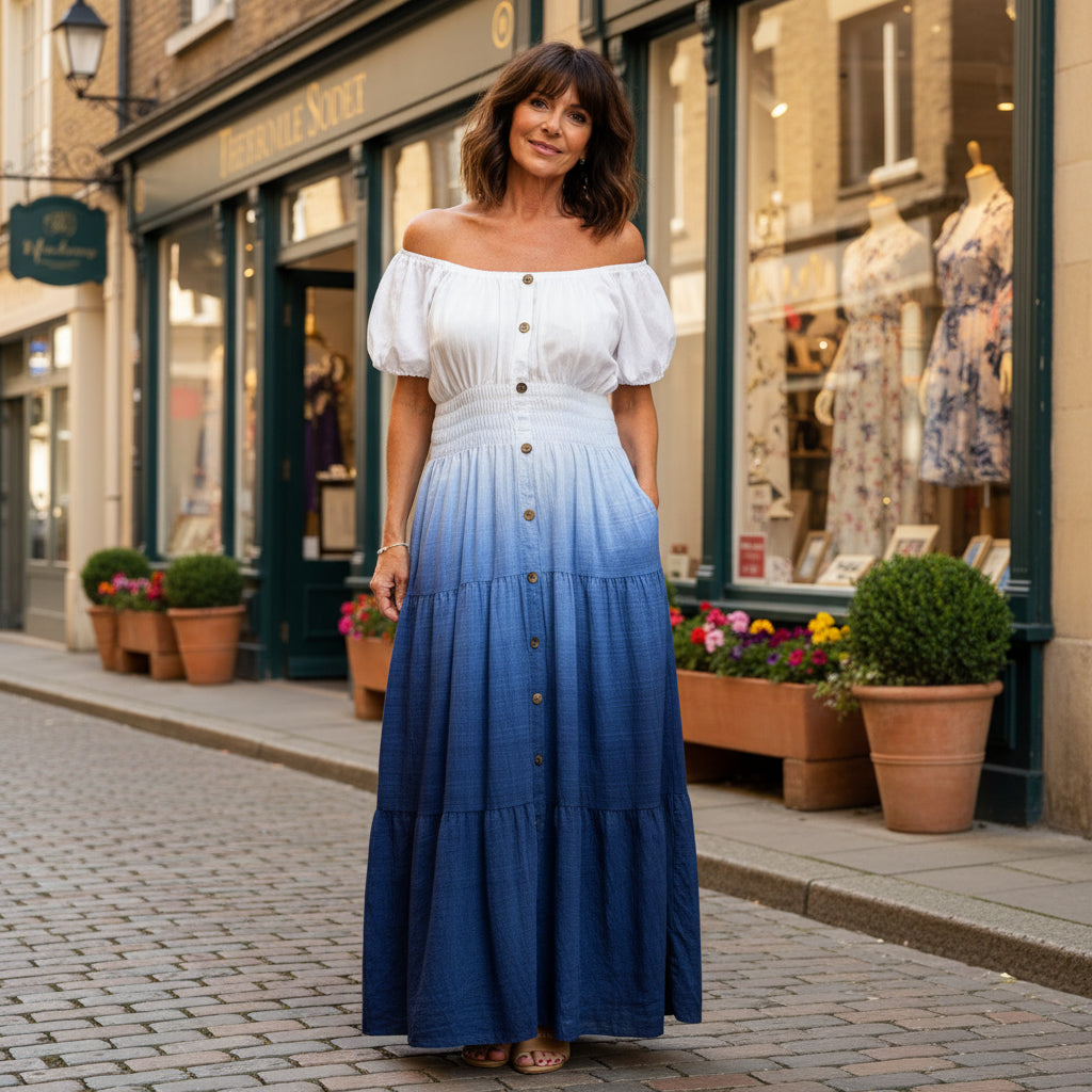 Pollyanna Blue Shirred Tiered Boho Bardot Maxi Dress - Sugarplum Boutique