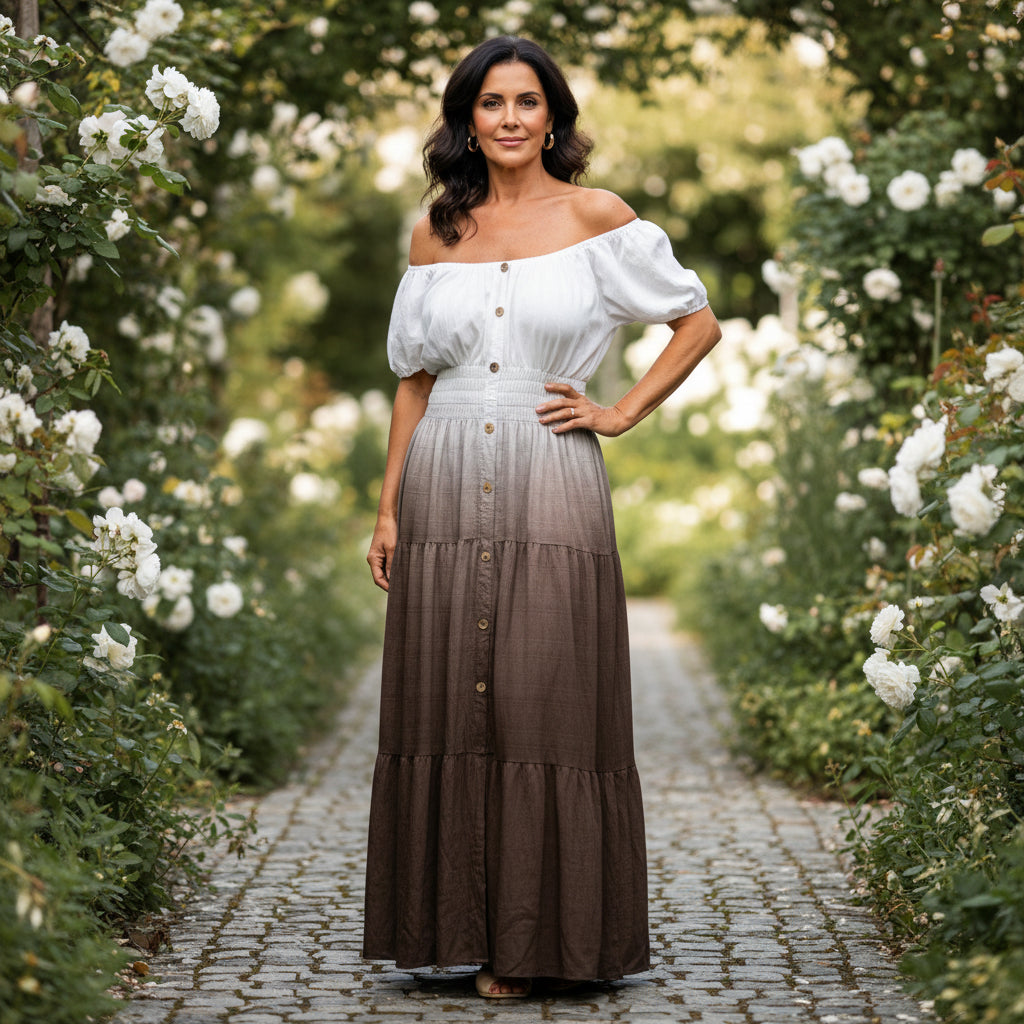Pollyanna Brown Shirred Tiered Boho Bardot Maxi Dress - Sugarplum Boutique