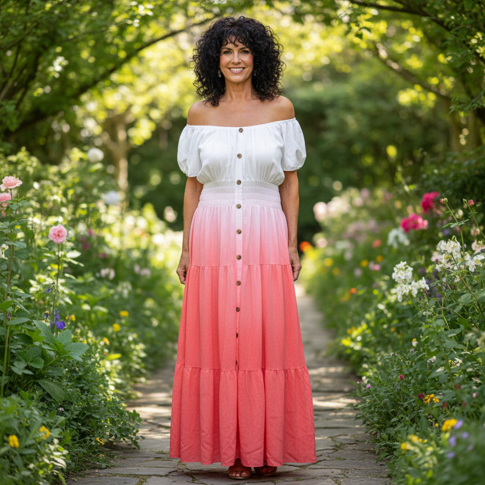 Pollyanna Coral Shirred Tiered Boho Bardot Maxi Dress - Sugarplum Boutique