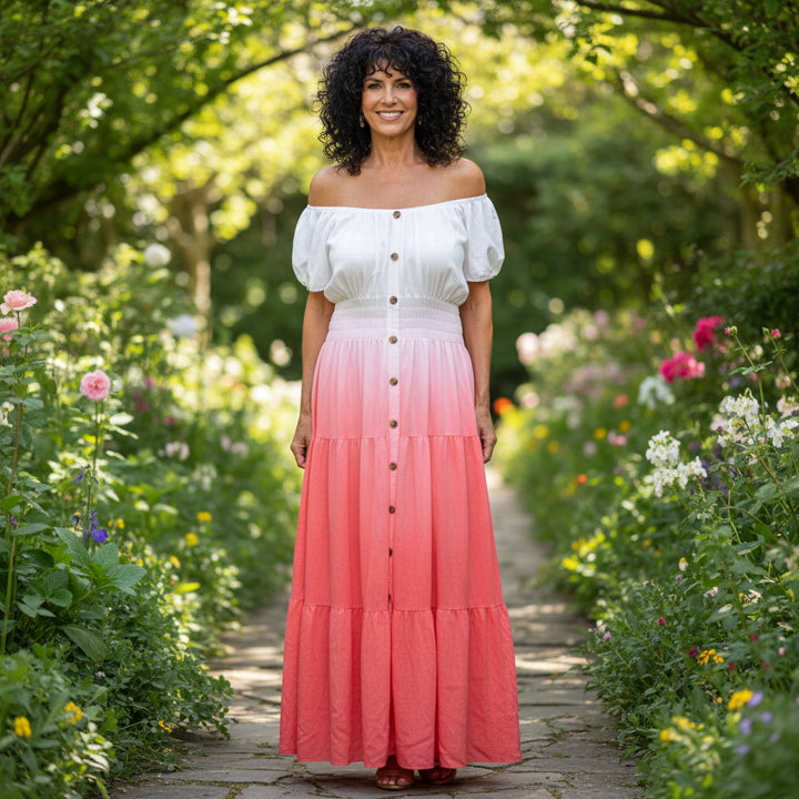 Pollyanna Coral Shirred Tiered Boho Bardot Maxi Dress - Sugarplum Boutique