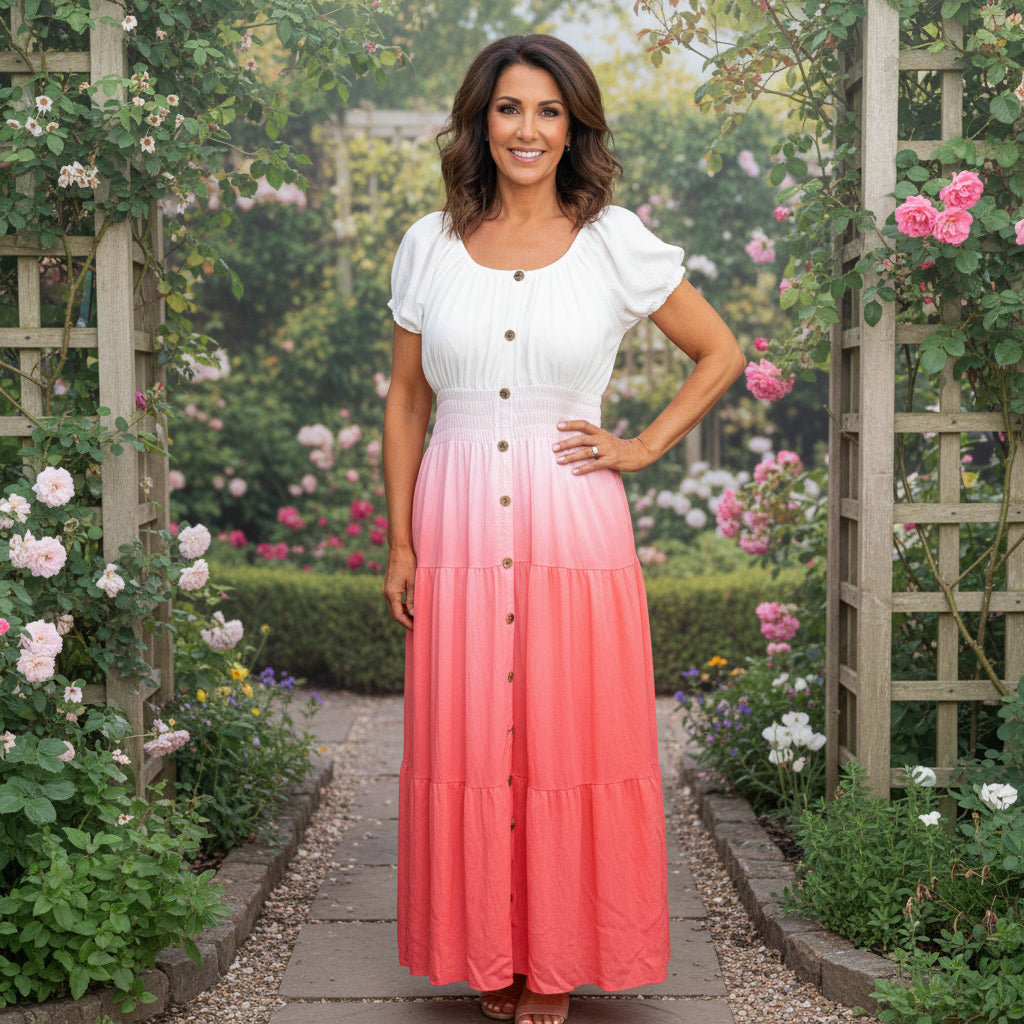 Pollyanna Coral Shirred Tiered Boho Bardot Maxi Dress - Sugarplum Boutique