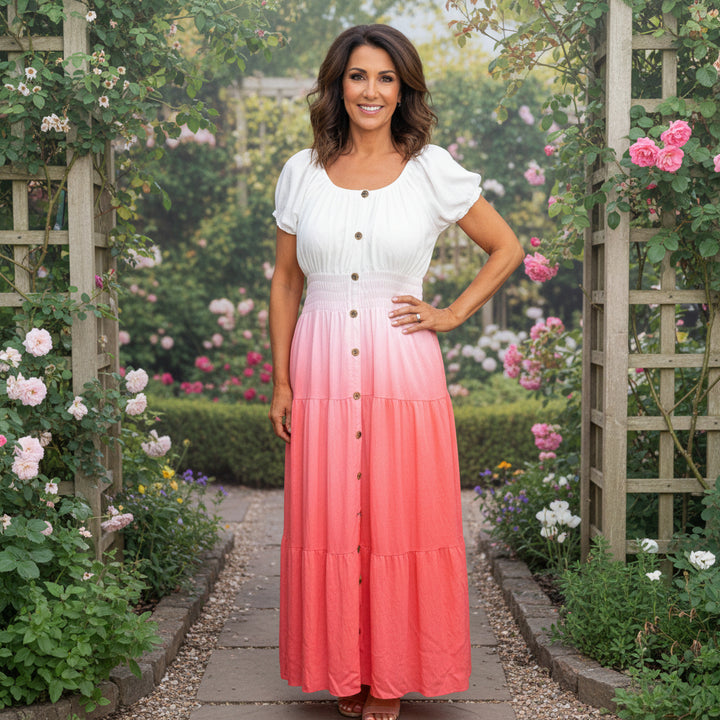 Pollyanna Coral Shirred Tiered Boho Bardot Maxi Dress - Sugarplum Boutique