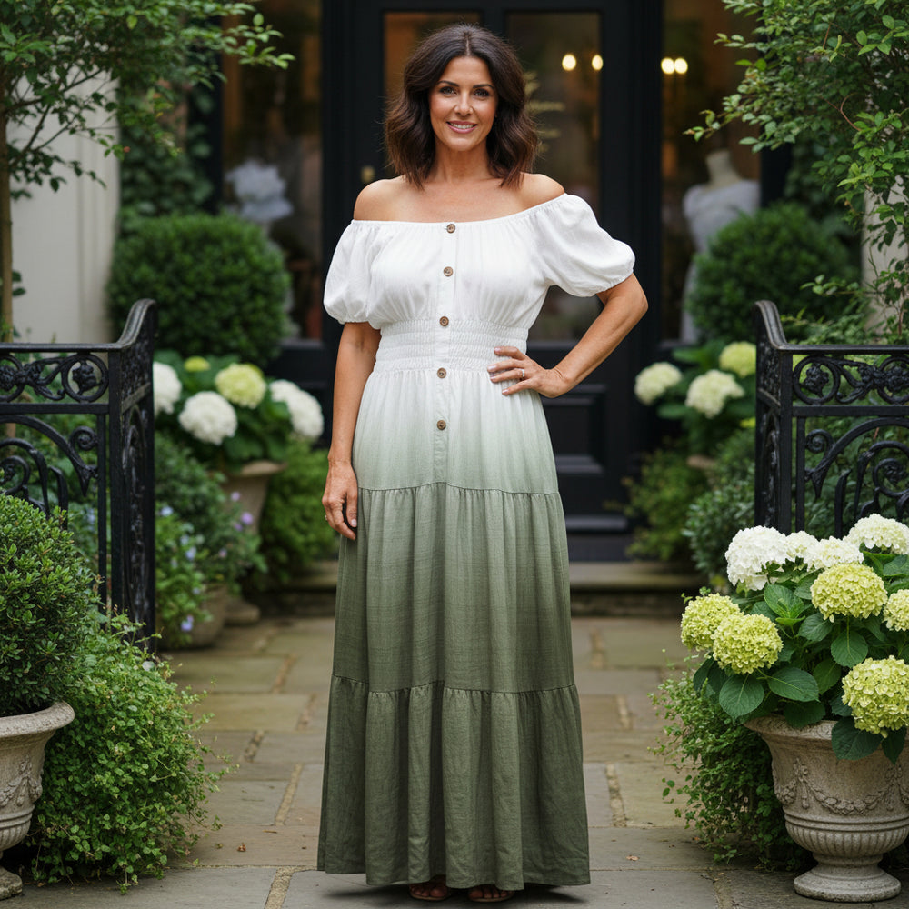 Pollyanna Green Shirred Tiered Boho Bardot Maxi Dress - Sugarplum Boutique