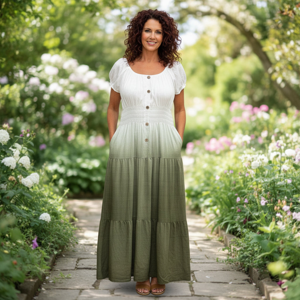 Pollyanna Green Shirred Tiered Boho Bardot Maxi Dress - Sugarplum Boutique