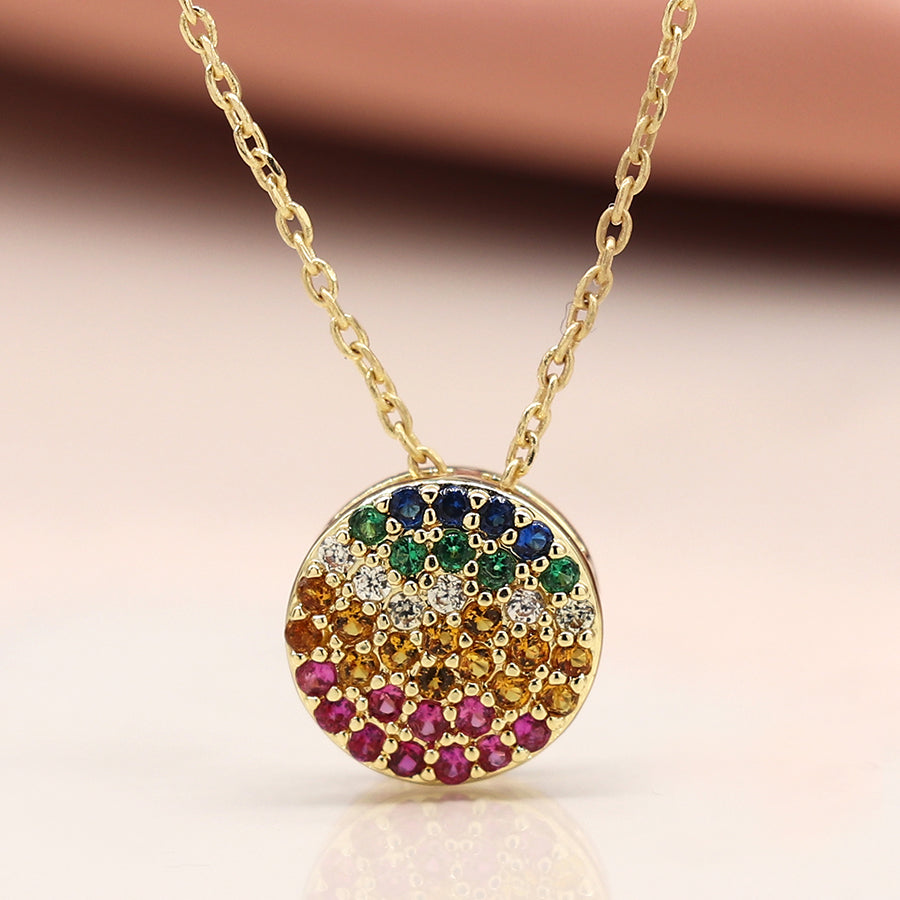 Pom Faux Gold Disc Rainbow Crystals Short Necklace - Sugarplum Boutique
