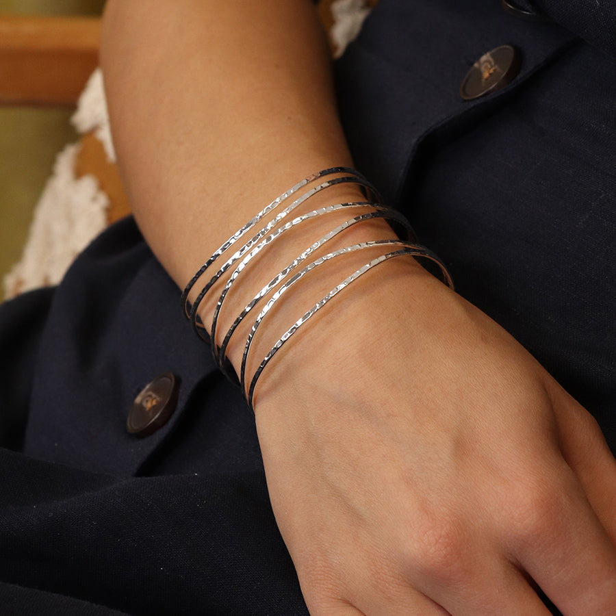 Pom Silver Plated Hammered Wide Multistrand Bangle - Sugarplum Boutique