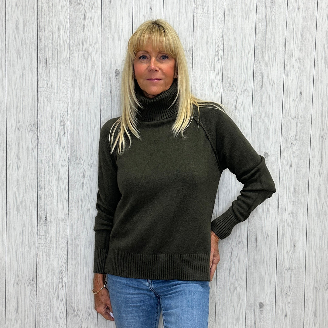 Poppy Polo Neck Rib Detail Jumper Khaki Green - Sugarplum Boutique