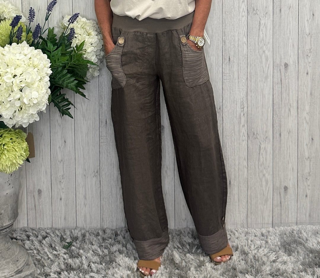 Puro Lino Linen Two Pocket Trousers Chocolate Brown - Sugarplum Boutique