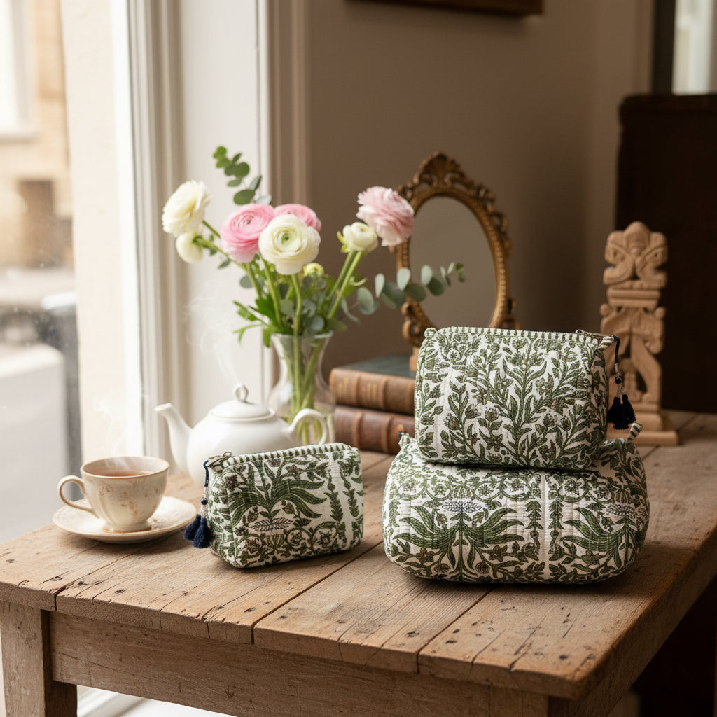 Quilted Green Palm Toiletry Cosmetic Bag - Sugarplum Boutique