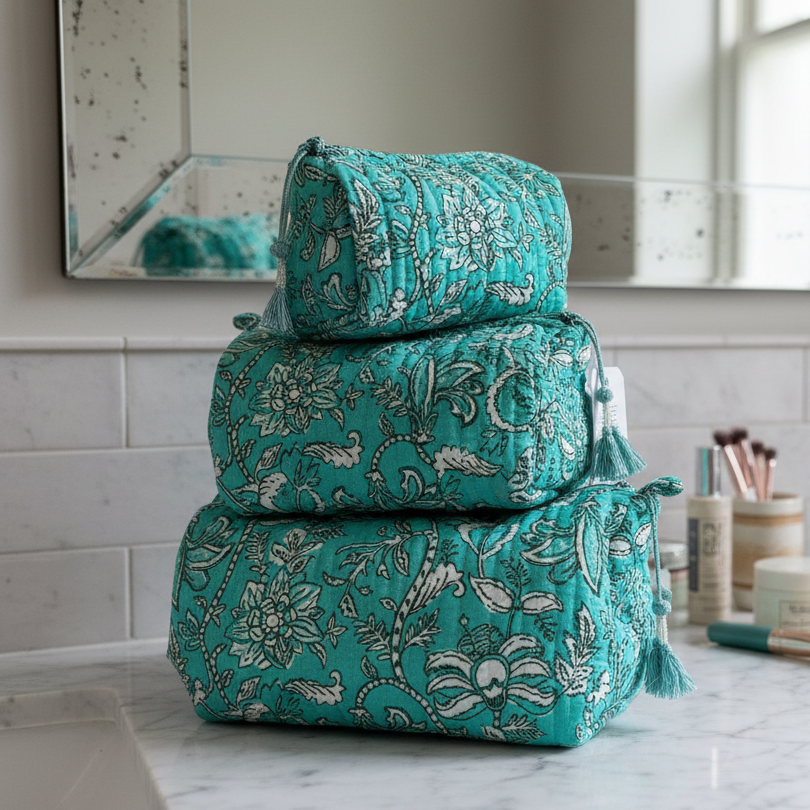 Quilted Mint Green Palm Toiletry Cosmetic Bag - Sugarplum Boutique